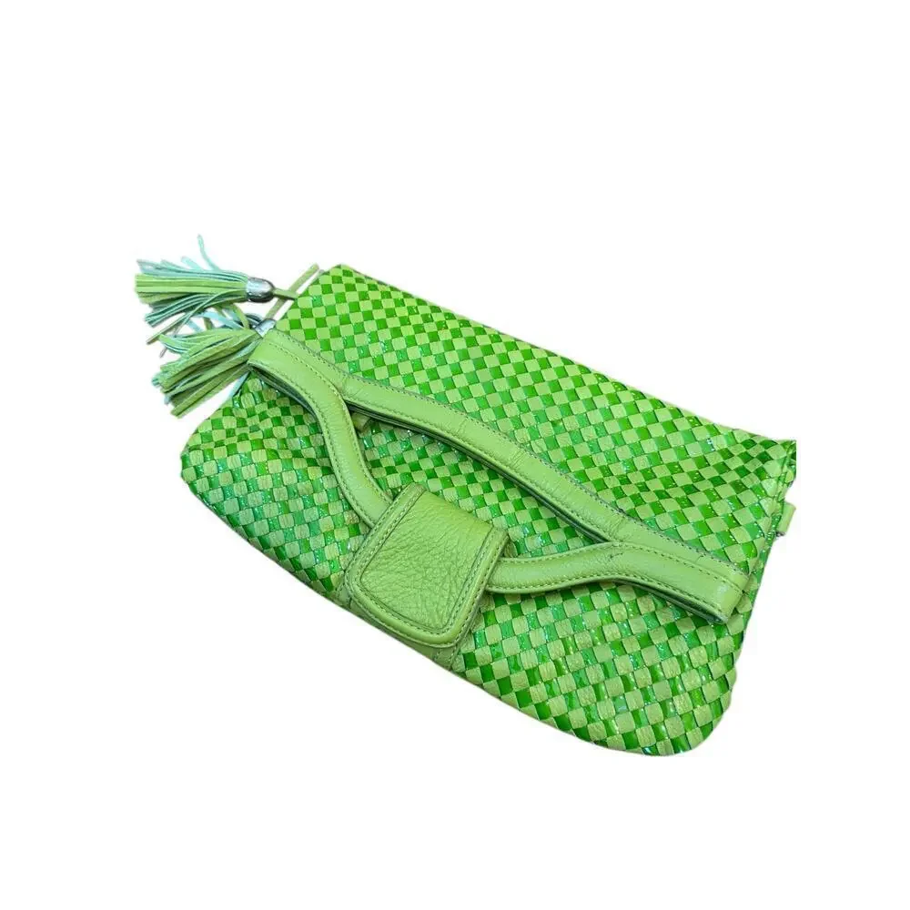 Elliott Lucca Women's Green Woven Leather Vinyl Foldover Satchel Shoulder Bag